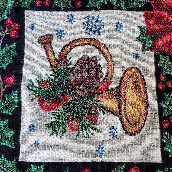 Christmas Tapestry Throw Blanket 54 X 45 Poinsettias Bird Houses Brass Horns Vtg - Picture 5 of 9